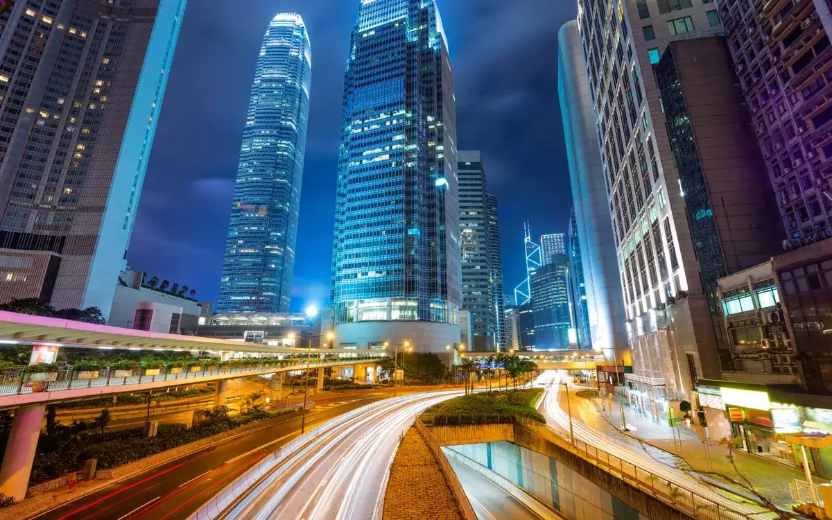 Central Hong Kong skyscrapers and traffic at night